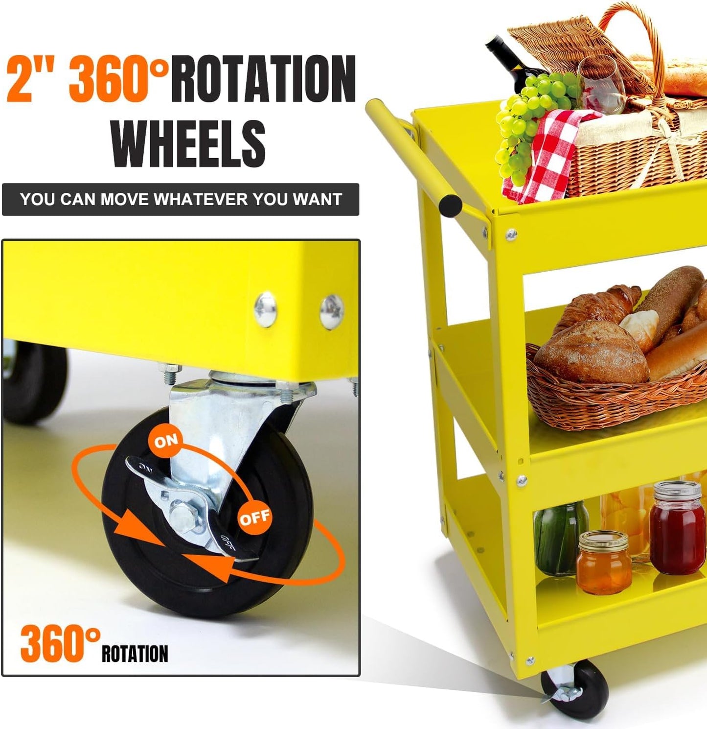 30" Heavy Duty Rolling Tool Cart with Wheels, 3-Tier Metal Utility Service Cart, 400 lbs Capacity Mobile Shop Cart with Handle for Garage, Workshop, Warehouse & Office, Yellow