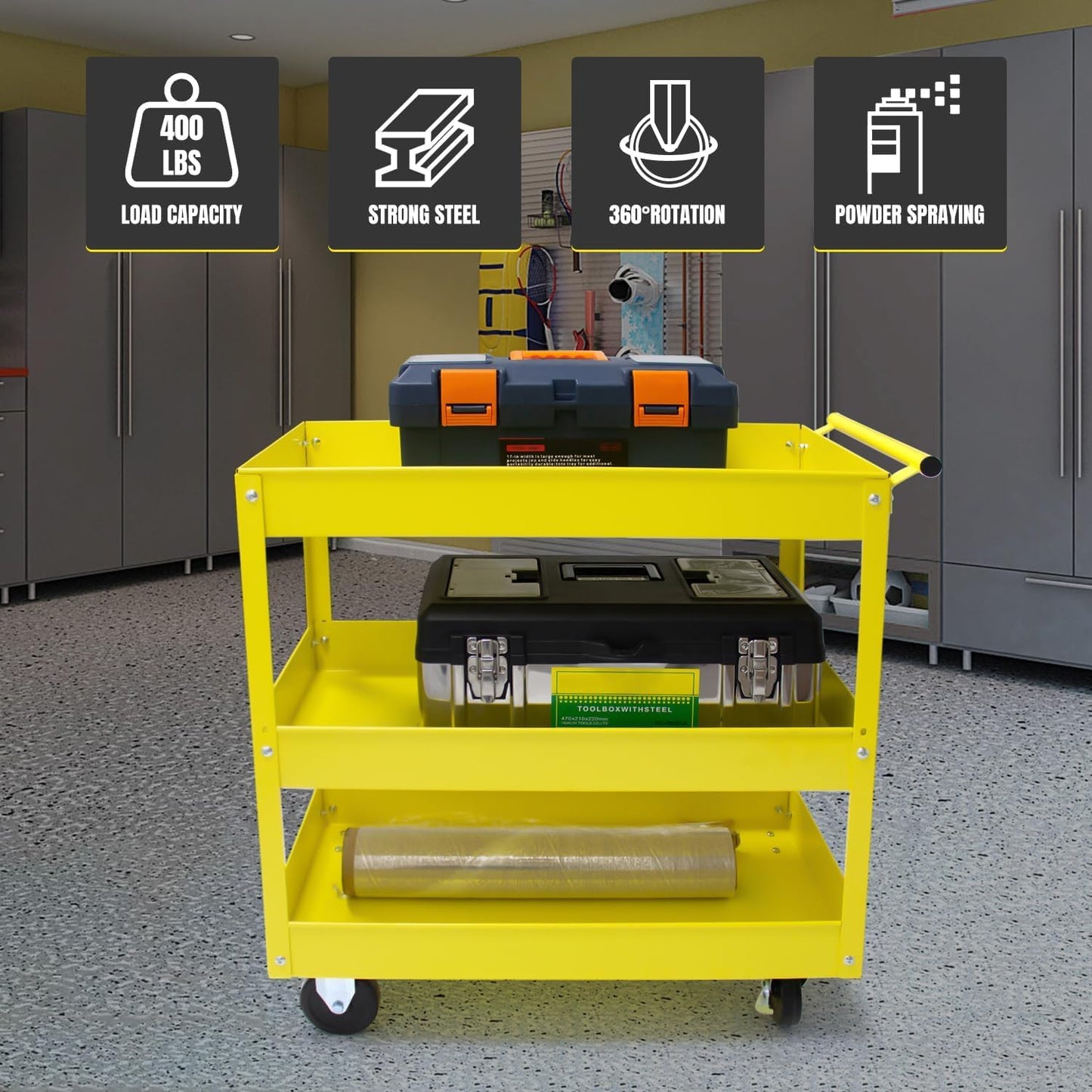 30" Heavy Duty Rolling Tool Cart with Wheels, 3-Tier Metal Utility Service Cart, 400 lbs Capacity Mobile Shop Cart with Handle for Garage, Workshop, Warehouse & Office, Yellow
