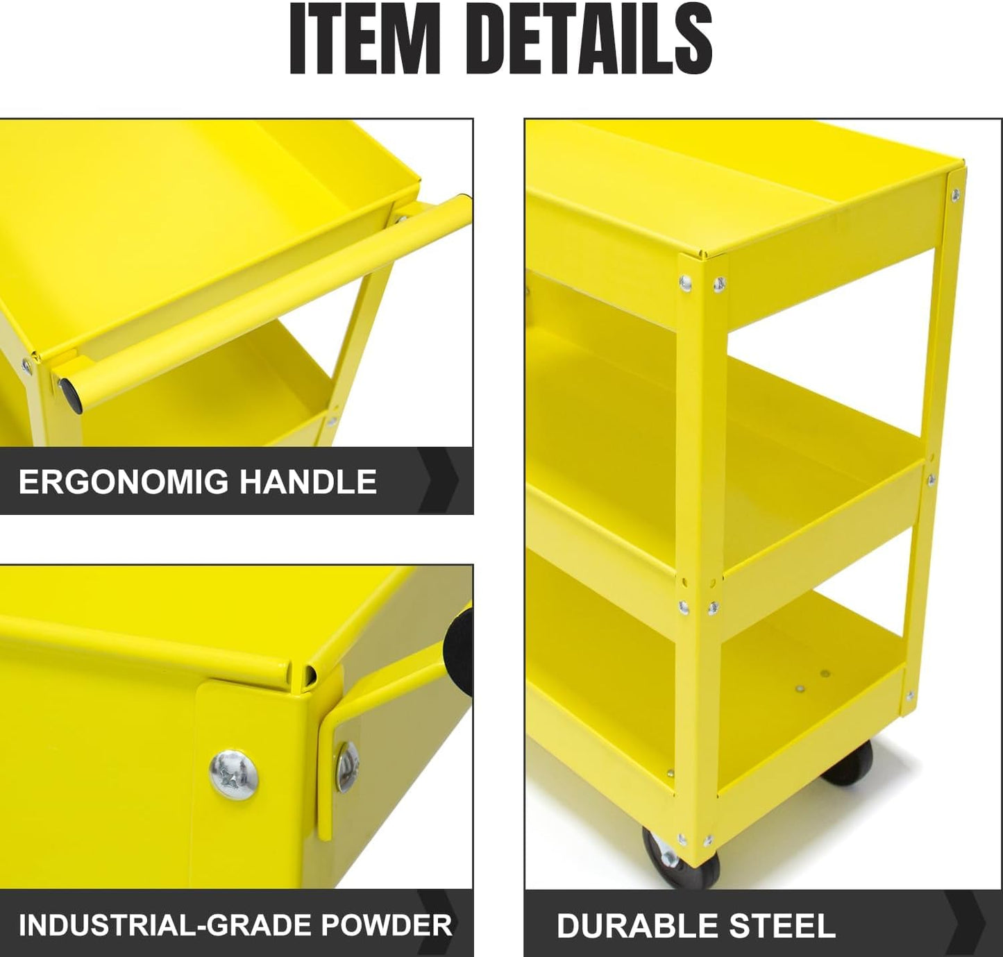 30" Heavy Duty Rolling Tool Cart with Wheels, 3-Tier Metal Utility Service Cart, 400 lbs Capacity Mobile Shop Cart with Handle for Garage, Workshop, Warehouse & Office, Yellow