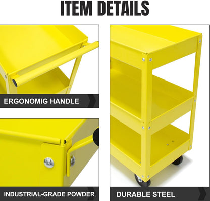 30" Heavy Duty Rolling Tool Cart with Wheels, 3-Tier Metal Utility Service Cart, 400 lbs Capacity Mobile Shop Cart with Handle for Garage, Workshop, Warehouse & Office, Yellow