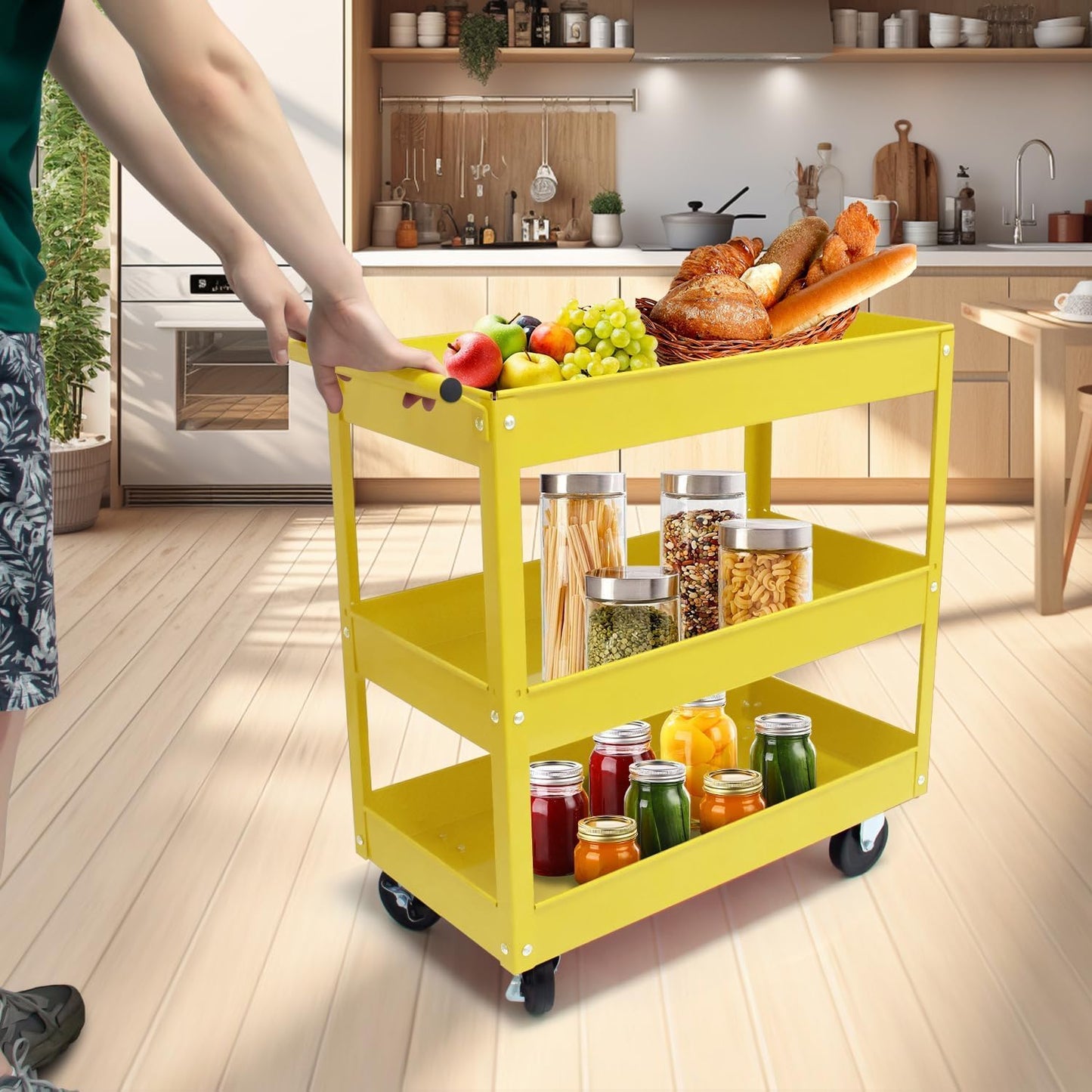 30" Heavy Duty Rolling Tool Cart with Wheels, 3-Tier Metal Utility Service Cart, 400 lbs Capacity Mobile Shop Cart with Handle for Garage, Workshop, Warehouse & Office, Yellow