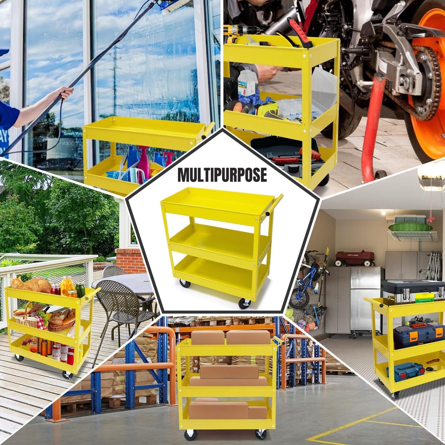 30" Heavy Duty Rolling Tool Cart with Wheels, 3-Tier Metal Utility Service Cart, 400 lbs Capacity Mobile Shop Cart with Handle for Garage, Workshop, Warehouse & Office, Yellow