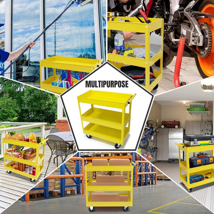 30" Heavy Duty Rolling Tool Cart with Wheels, 3-Tier Metal Utility Service Cart, 400 lbs Capacity Mobile Shop Cart with Handle for Garage, Workshop, Warehouse & Office, Yellow