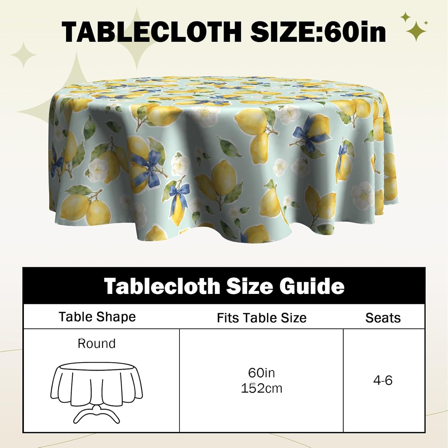 Lemon Tablecloth 60 inch Round Table Cloth Flower Table Cloths Spring Summer Tablecloths for Kitchen Dining Decorations Holiday