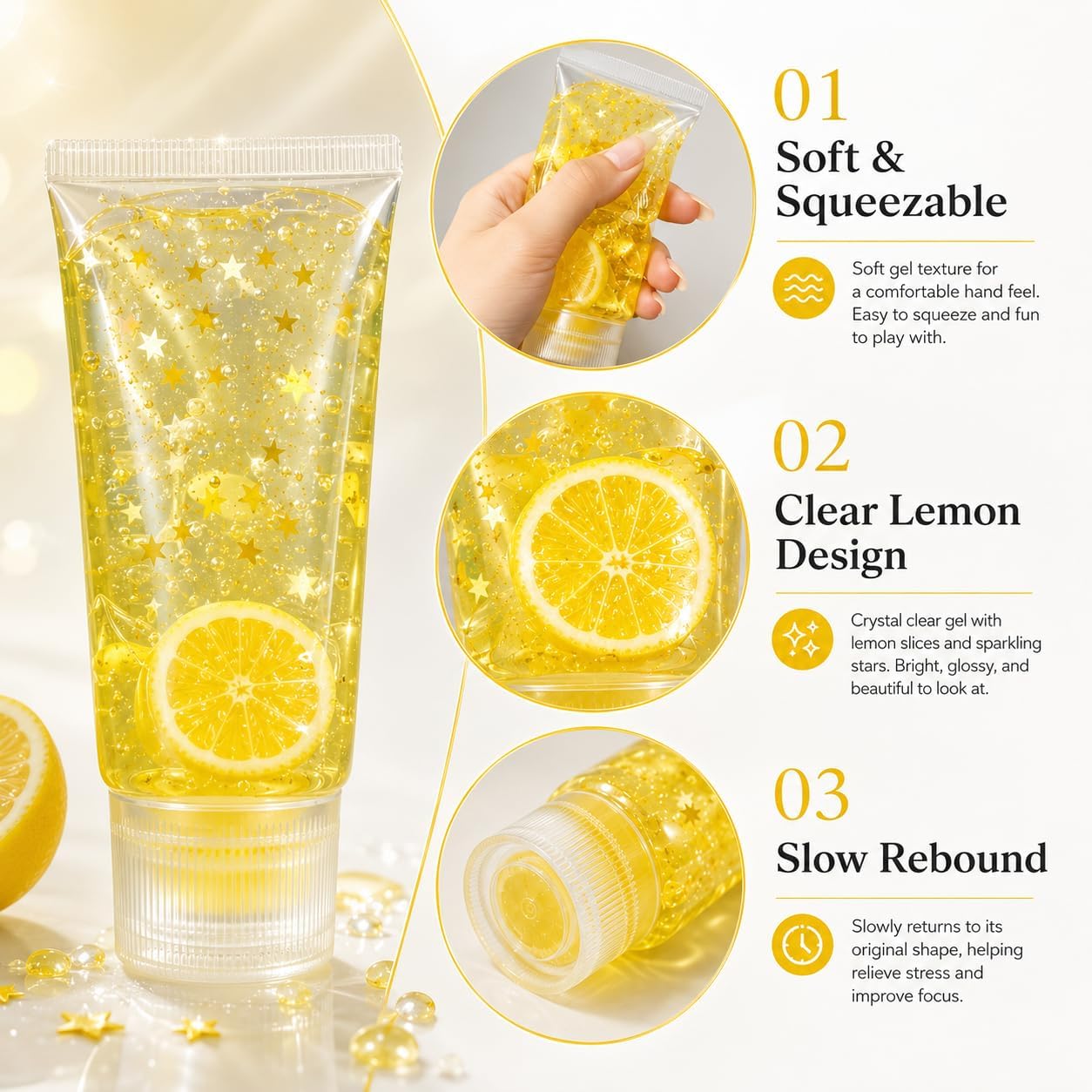 Toothpaste Squishy, Lemon-Themed Squishy Toothpaste Tube with Glitter and Lemon Slice Pattern, Slow-Return Stress Relief Tool for Desk Display, Squishy Toothpaste in Yellow ﻿