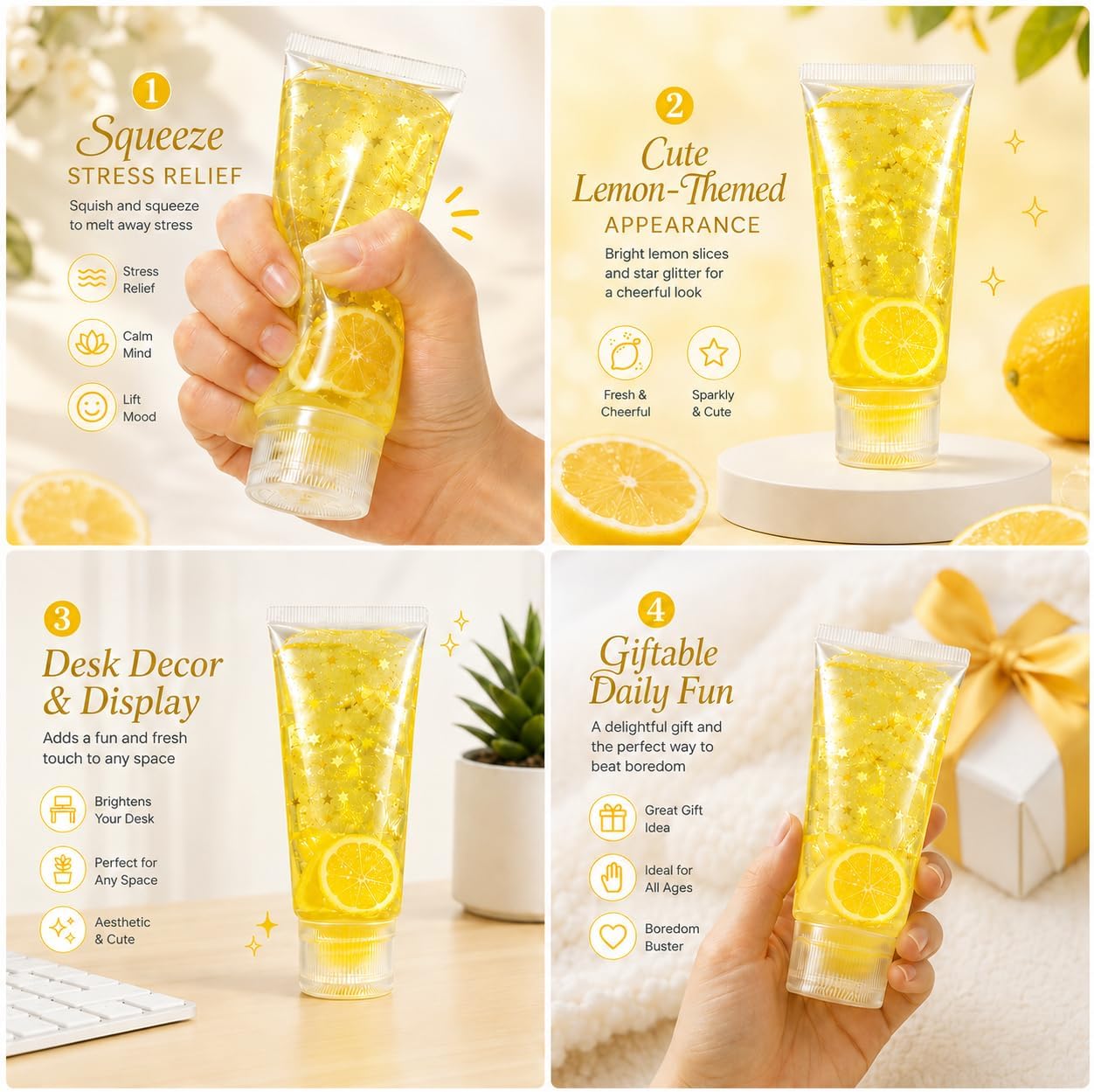 Toothpaste Squishy, Lemon-Themed Squishy Toothpaste Tube with Glitter and Lemon Slice Pattern, Slow-Return Stress Relief Tool for Desk Display, Squishy Toothpaste in Yellow ﻿