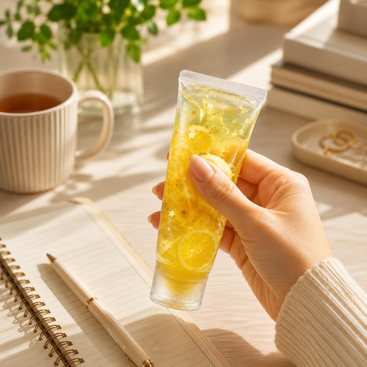 Toothpaste Squishy, Lemon-Themed Squishy Toothpaste Tube with Glitter and Lemon Slice Pattern, Slow-Return Stress Relief Tool for Desk Display, Squishy Toothpaste in Yellow ﻿