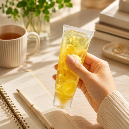 Toothpaste Squishy, Lemon-Themed Squishy Toothpaste Tube with Glitter and Lemon Slice Pattern, Slow-Return Stress Relief Tool for Desk Display, Squishy Toothpaste in Yellow ﻿
