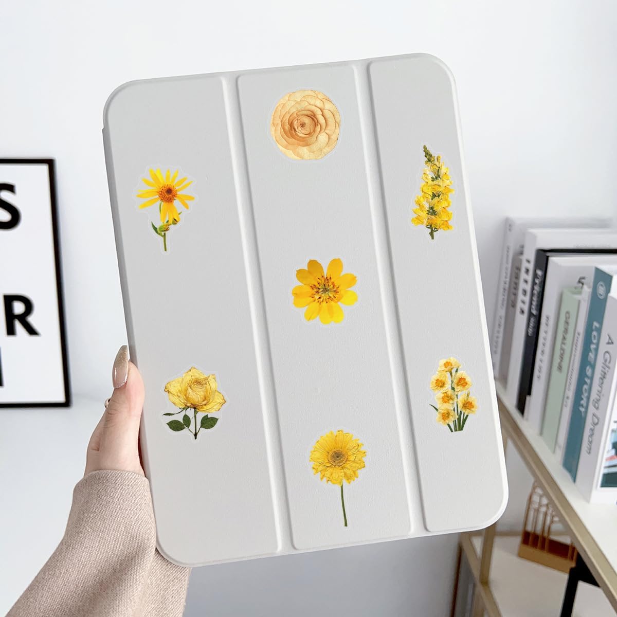 Pressed Flower Stickers 50-Pack, Transparent Yellow Waterproof Decals for Phone Case, Laptop, Water Bottle, Journal, Luggage - Aesthetic Dried Flower Vinyl Stickers for DIY & Scrapbooking