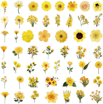 Pressed Flower Stickers 50-Pack, Transparent Yellow Waterproof Decals for Phone Case, Laptop, Water Bottle, Journal, Luggage - Aesthetic Dried Flower Vinyl Stickers for DIY & Scrapbooking