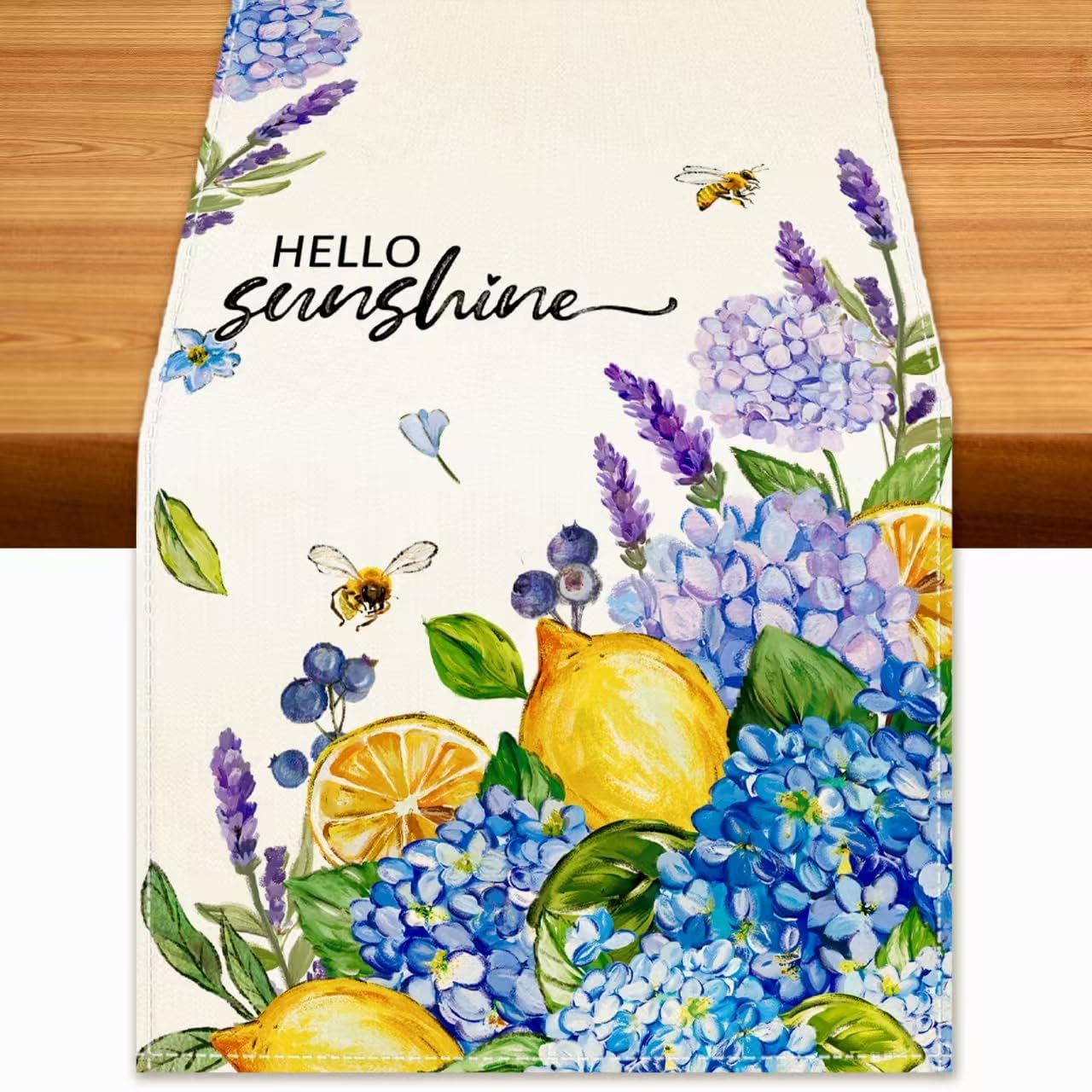 Summer Lemon Table Runner Hydrangeas Burlap Table Runners, Blue Amalfi Coast Lemon Holiday Seasonal Coffee Table Center Decor for Home Kitchen Dining Party Indoor Outdoor 13x72 Inch
