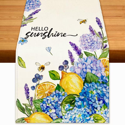 Summer Lemon Table Runner Hydrangeas Burlap Table Runners, Blue Amalfi Coast Lemon Holiday Seasonal Coffee Table Center Decor for Home Kitchen Dining Party Indoor Outdoor 13x72 Inch