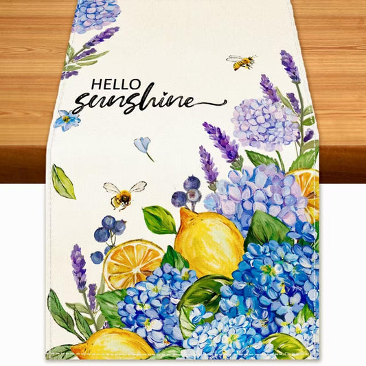 Summer Lemon Table Runner Hydrangeas Burlap Table Runners, Blue Amalfi Coast Lemon Holiday Seasonal Coffee Table Center Decor for Home Kitchen Dining Party Indoor Outdoor 13x72 Inch