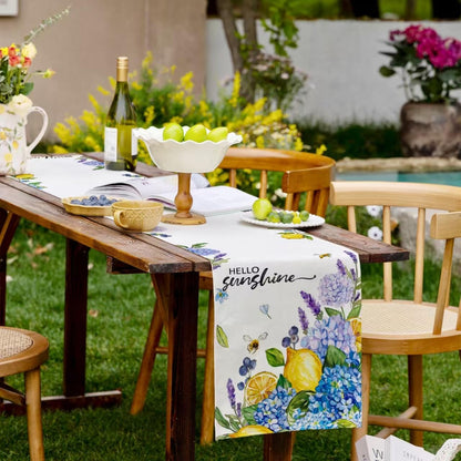 Summer Lemon Table Runner Hydrangeas Burlap Table Runners, Blue Amalfi Coast Lemon Holiday Seasonal Coffee Table Center Decor for Home Kitchen Dining Party Indoor Outdoor 13x72 Inch