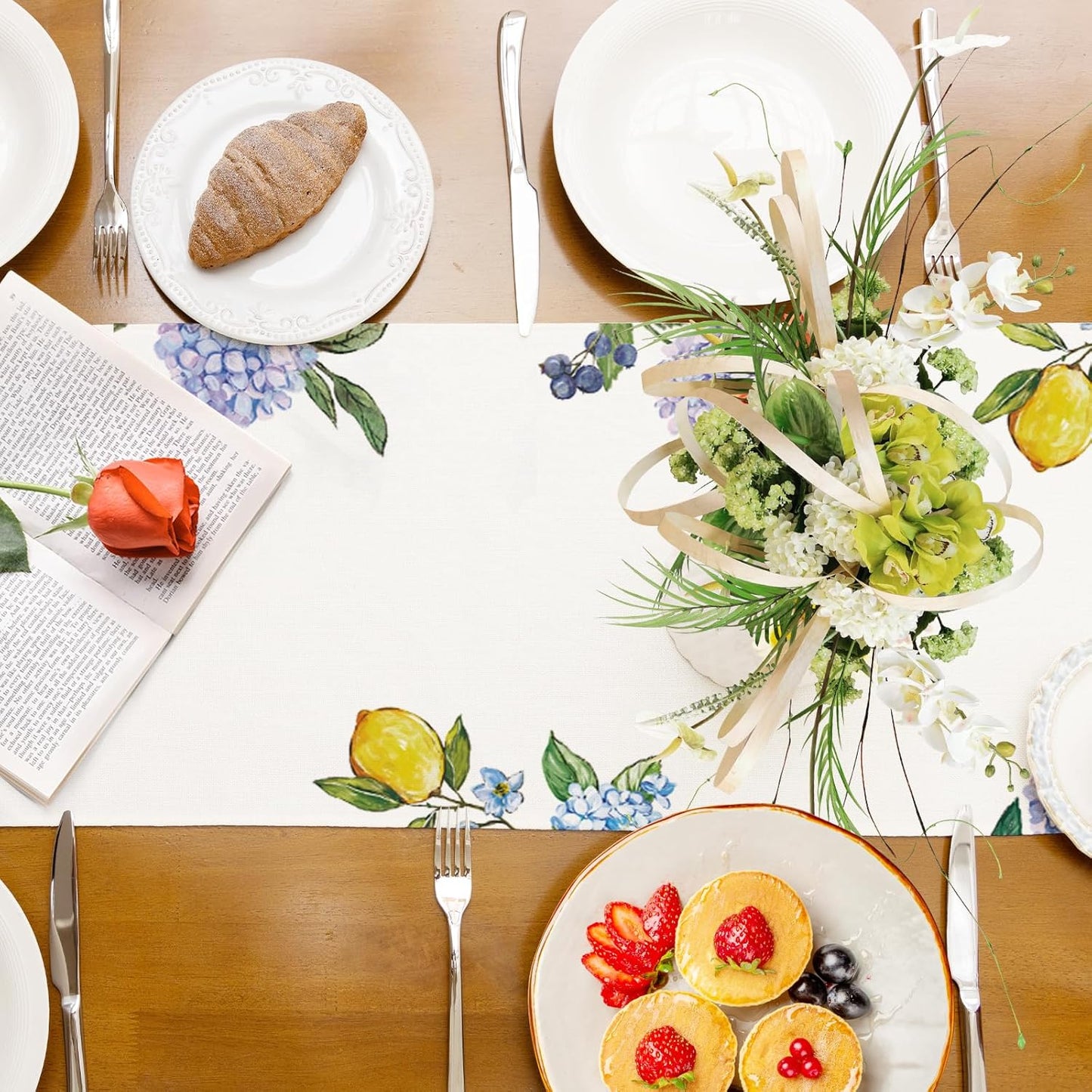 Summer Lemon Table Runner Hydrangeas Burlap Table Runners, Blue Amalfi Coast Lemon Holiday Seasonal Coffee Table Center Decor for Home Kitchen Dining Party Indoor Outdoor 13x72 Inch