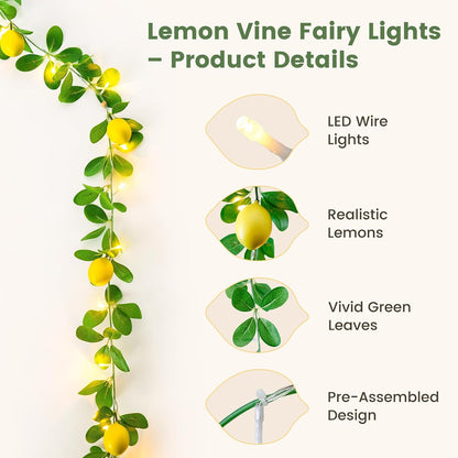 Lemon Vine Fairy Lights, 18 LED USB & Battery Powered with Remote | 6FT Lighted Lemon Garland With 8 Modes, Timer And Memory For Kitchen, Mantel, Window, Porch, Table And Summer Party Decor