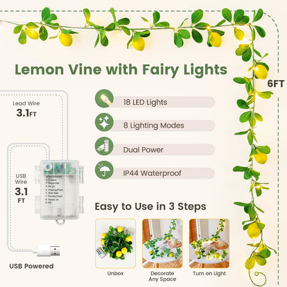 Lemon Vine Fairy Lights, 18 LED USB & Battery Powered with Remote | 6FT Lighted Lemon Garland With 8 Modes, Timer And Memory For Kitchen, Mantel, Window, Porch, Table And Summer Party Decor