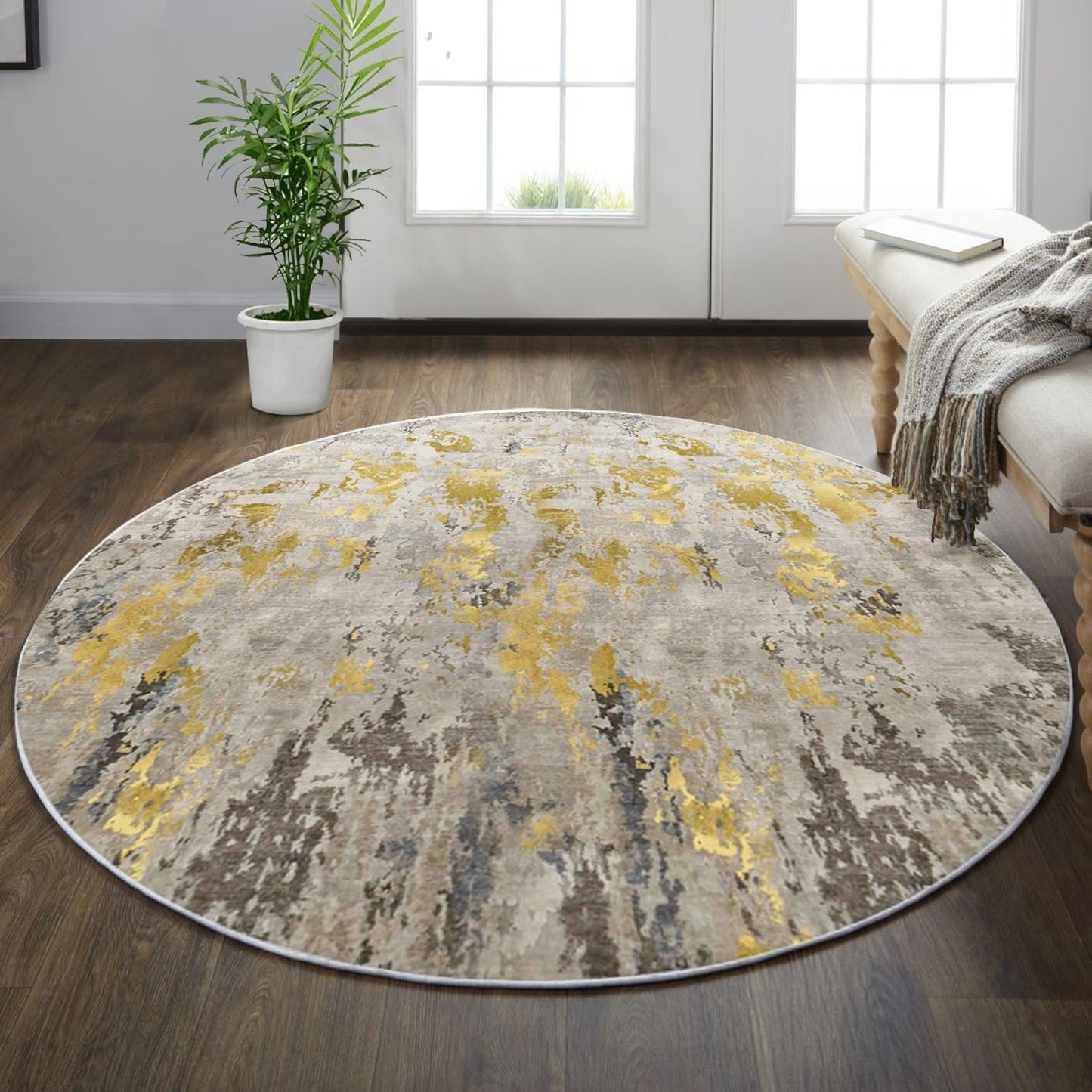 Round Rug 4ft Abstract Round Area Rug Non-Slip Indoor Carpet for Living Room Bedroom Entryway, Stain Resistant Home Decor Circle Rug, Grey/Mustard
