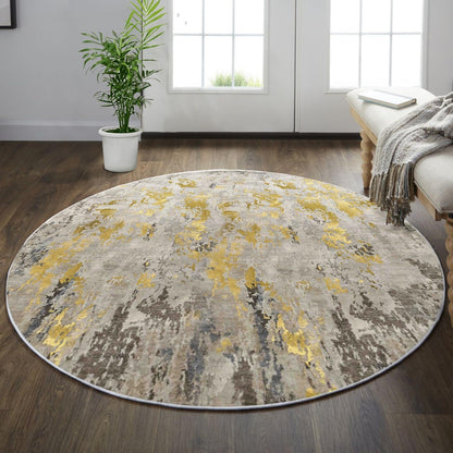 Round Rug 4ft Abstract Round Area Rug Non-Slip Indoor Carpet for Living Room Bedroom Entryway, Stain Resistant Home Decor Circle Rug, Grey/Mustard
