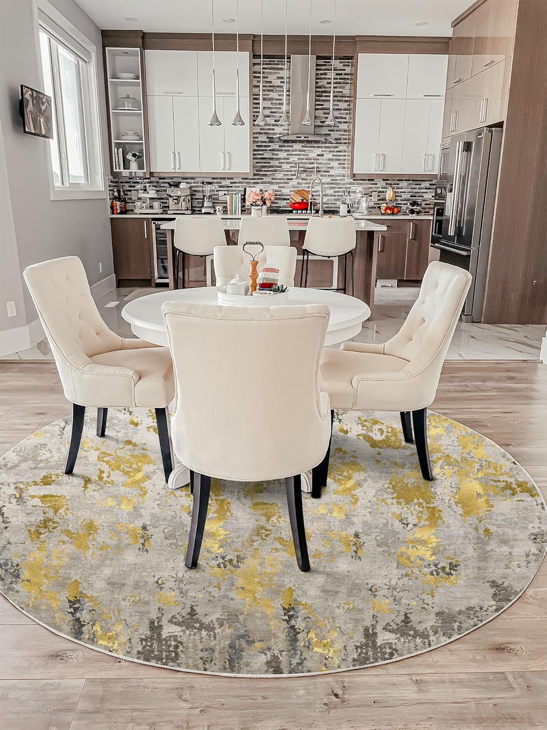 Round Rug 4ft Abstract Round Area Rug Non-Slip Indoor Carpet for Living Room Bedroom Entryway, Stain Resistant Home Decor Circle Rug, Grey/Mustard