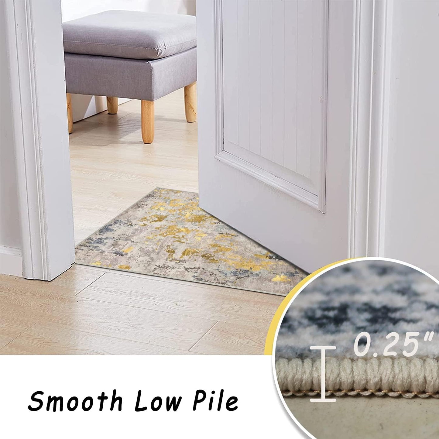 Round Rug 4ft Abstract Round Area Rug Non-Slip Indoor Carpet for Living Room Bedroom Entryway, Stain Resistant Home Decor Circle Rug, Grey/Mustard