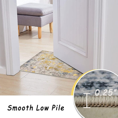 Round Rug 4ft Abstract Round Area Rug Non-Slip Indoor Carpet for Living Room Bedroom Entryway, Stain Resistant Home Decor Circle Rug, Grey/Mustard