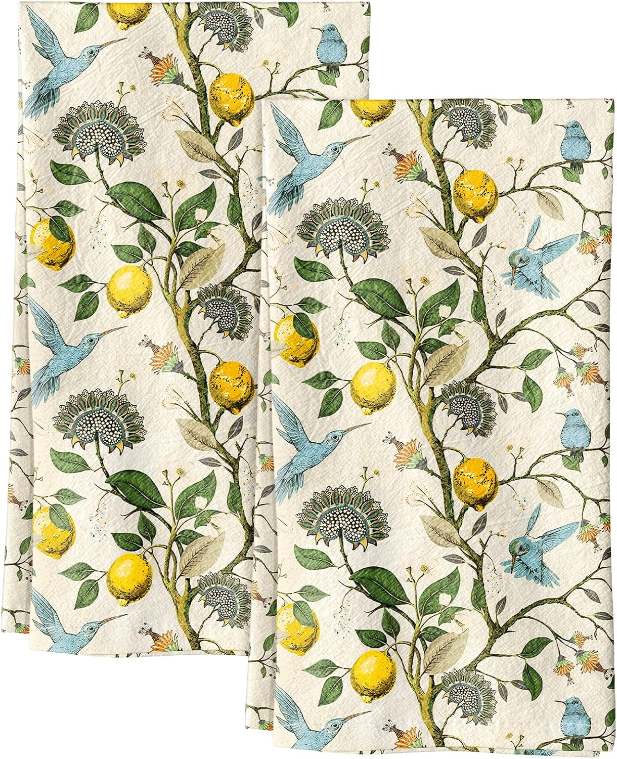 Flour Sack Kitchen Towels Set of 2-18x26 Cotton Dish Towels with Hanging Loop Reusable Tea Towel for Cleaning Spring Absorbent Dishcloths Cute Home Decor Housewarming, Lemon Birds