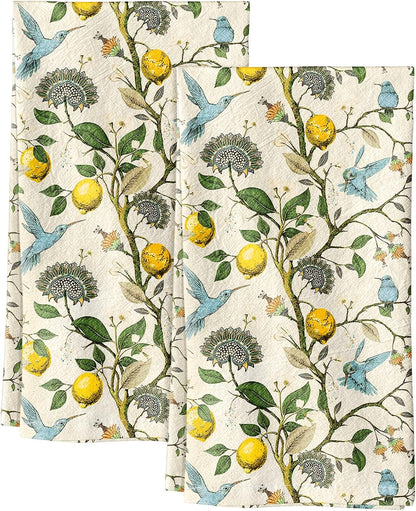 Flour Sack Kitchen Towels Set of 2-18x26 Cotton Dish Towels with Hanging Loop Reusable Tea Towel for Cleaning Spring Absorbent Dishcloths Cute Home Decor Housewarming, Lemon Birds
