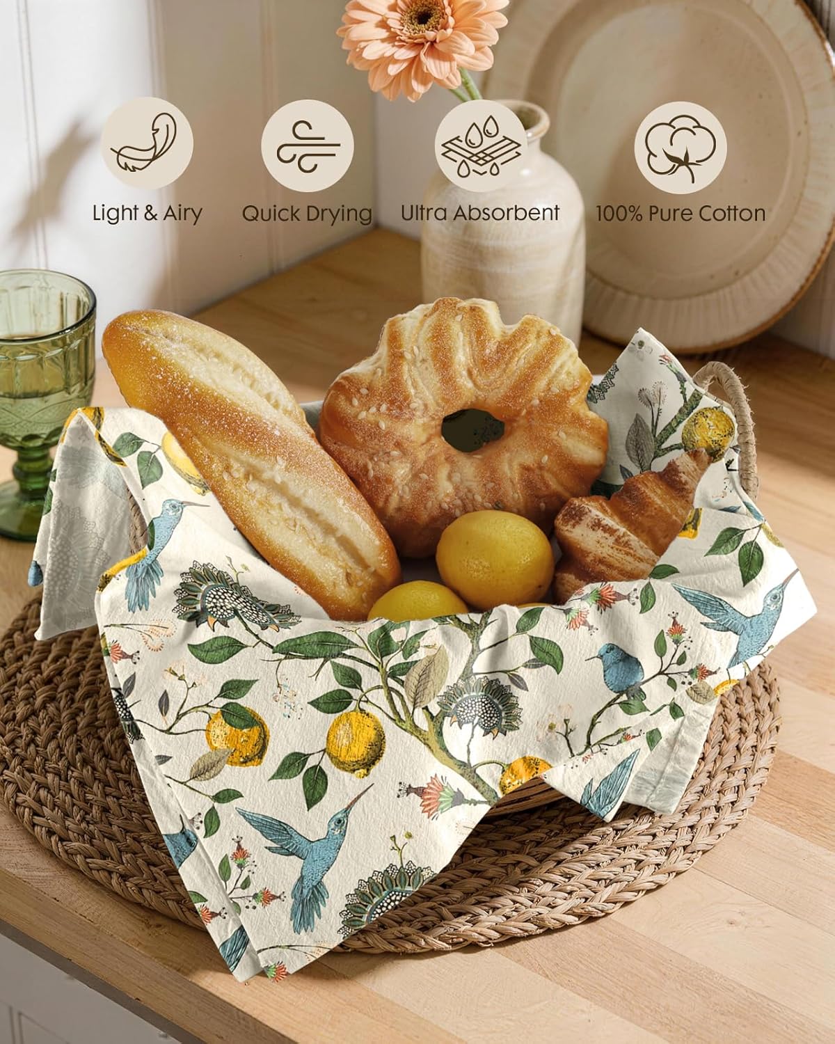 Flour Sack Kitchen Towels Set of 2-18x26 Cotton Dish Towels with Hanging Loop Reusable Tea Towel for Cleaning Spring Absorbent Dishcloths Cute Home Decor Housewarming, Lemon Birds