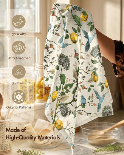 Flour Sack Kitchen Towels Set of 2-18x26 Cotton Dish Towels with Hanging Loop Reusable Tea Towel for Cleaning Spring Absorbent Dishcloths Cute Home Decor Housewarming, Lemon Birds