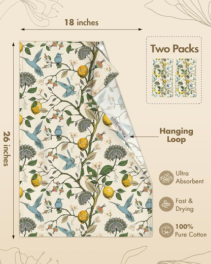 Flour Sack Kitchen Towels Set of 2-18x26 Cotton Dish Towels with Hanging Loop Reusable Tea Towel for Cleaning Spring Absorbent Dishcloths Cute Home Decor Housewarming, Lemon Birds