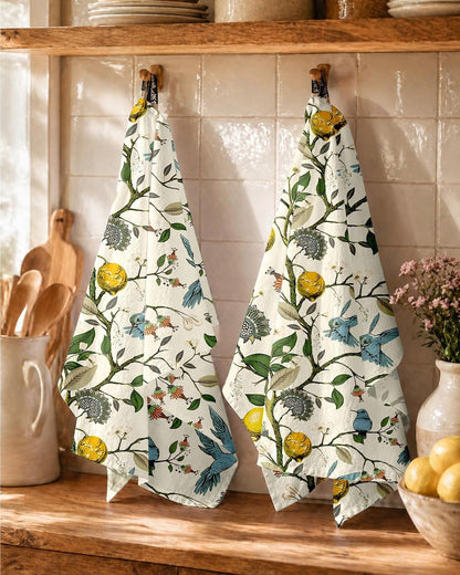Flour Sack Kitchen Towels Set of 2-18x26 Cotton Dish Towels with Hanging Loop Reusable Tea Towel for Cleaning Spring Absorbent Dishcloths Cute Home Decor Housewarming, Lemon Birds