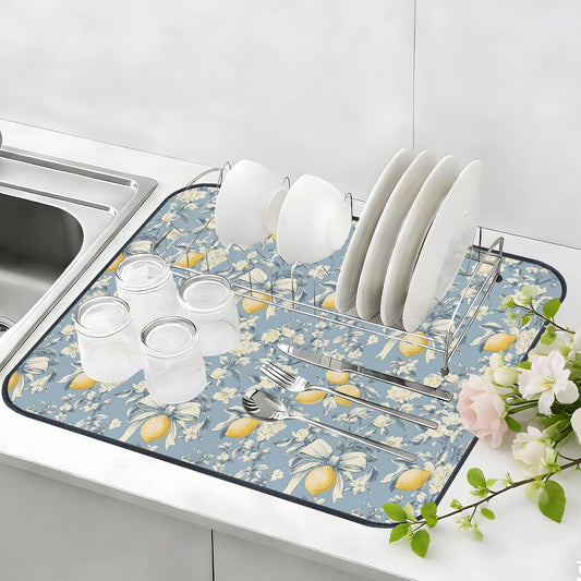 Vintage Lemon Bow Dish Drying Mat, Chinoiserie Floral Absorbent Dish Drying Mat，Kitchen Accessories For Countertop，Dish Drainer Mat For Kitchen Counter，20 X 15inch