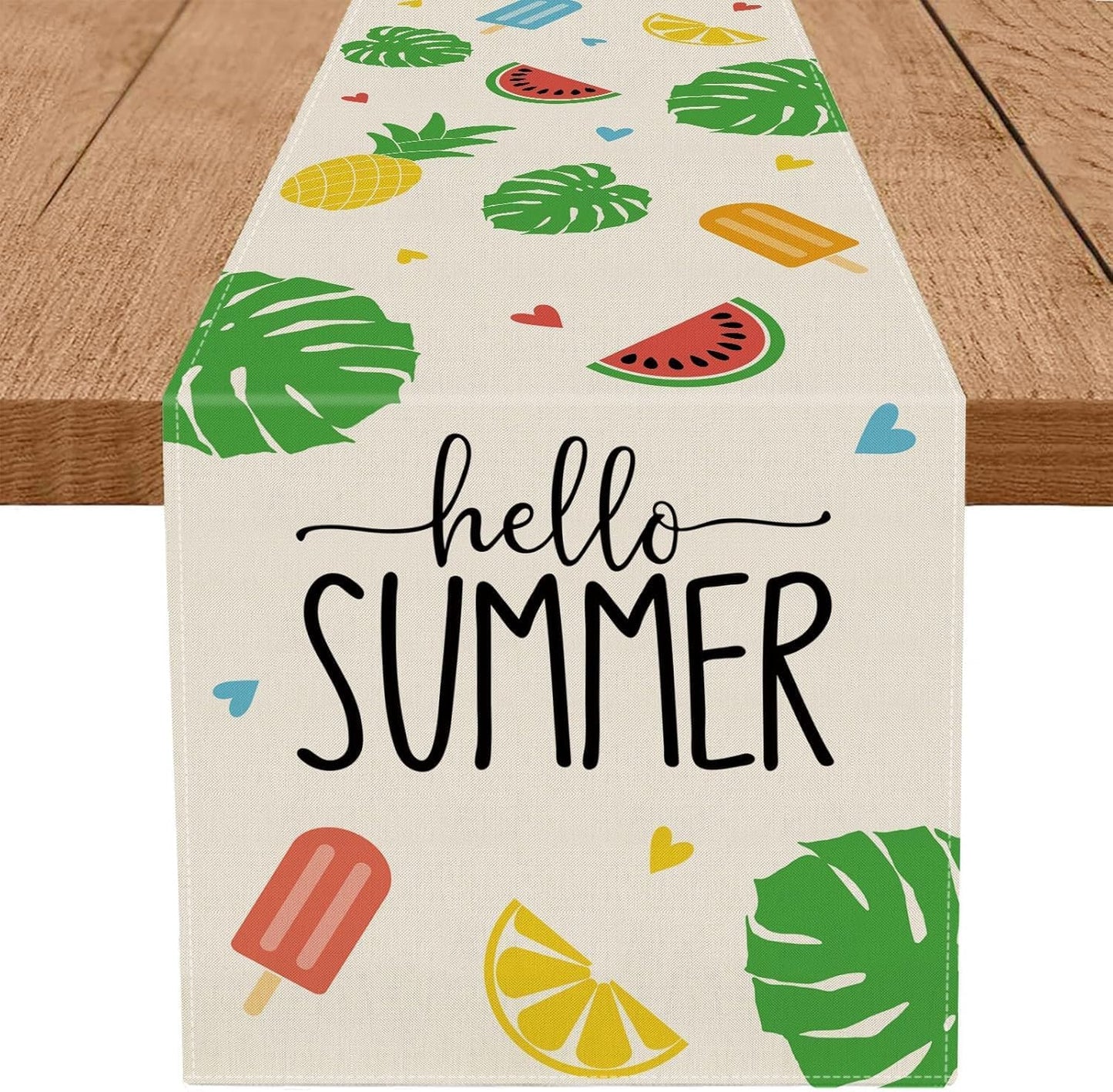 Hello Summer Table Runner Beach Leaves Watermelon Lemon Seasonal Kitchen Dining Table Decoration Flag Home Party Decor 13x72 inch