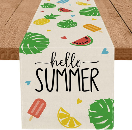 Hello Summer Table Runner Beach Leaves Watermelon Lemon Seasonal Kitchen Dining Table Decoration Flag Home Party Decor 13x72 inch