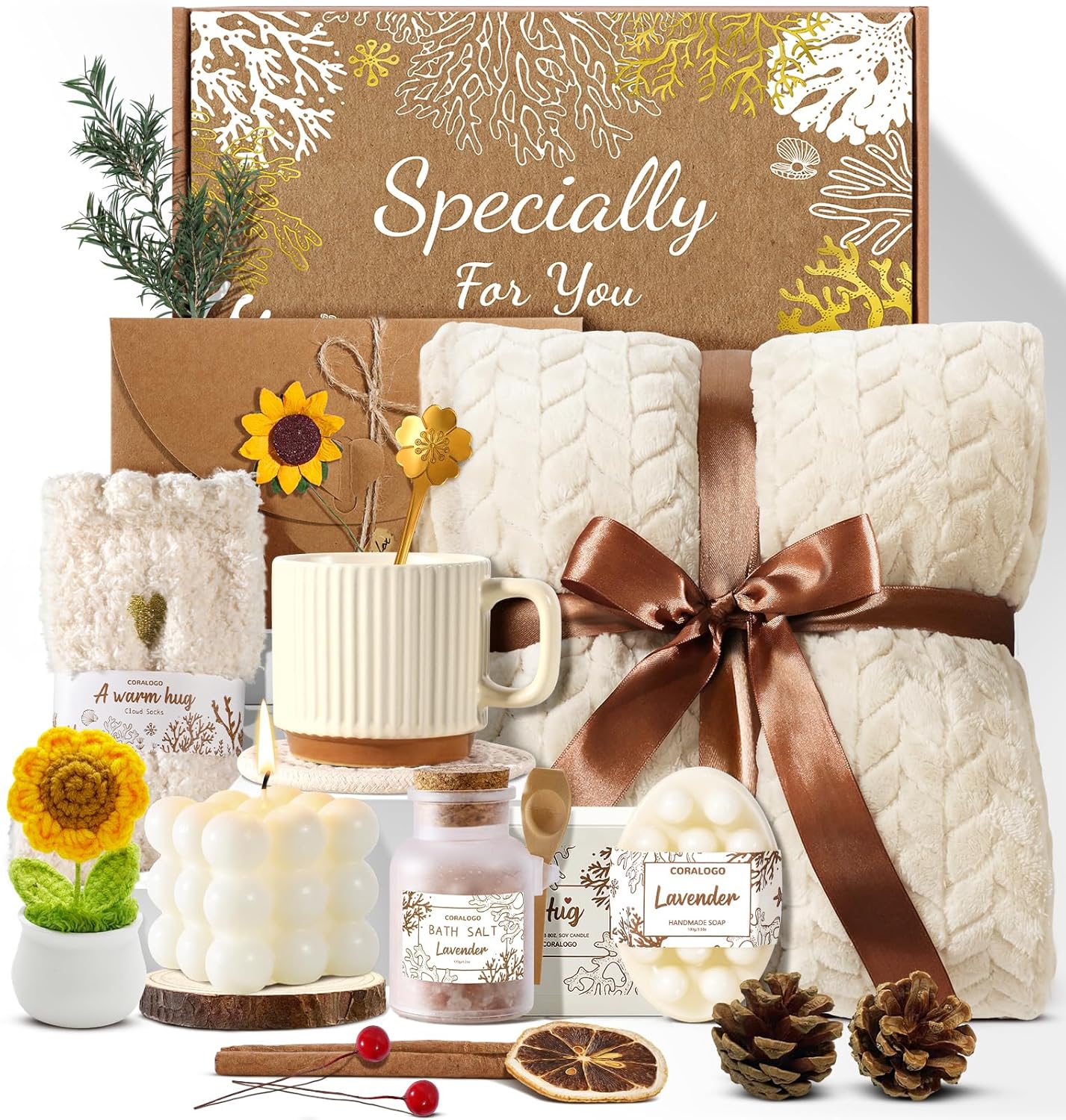 11pcs Spa Gift Baskets for Women, Sunflower Self Care Set, Brown | Self Care, Get Well Soon, Thinking of You, Sympathy, Birthday, Christmas, Mother's Day, Best friend