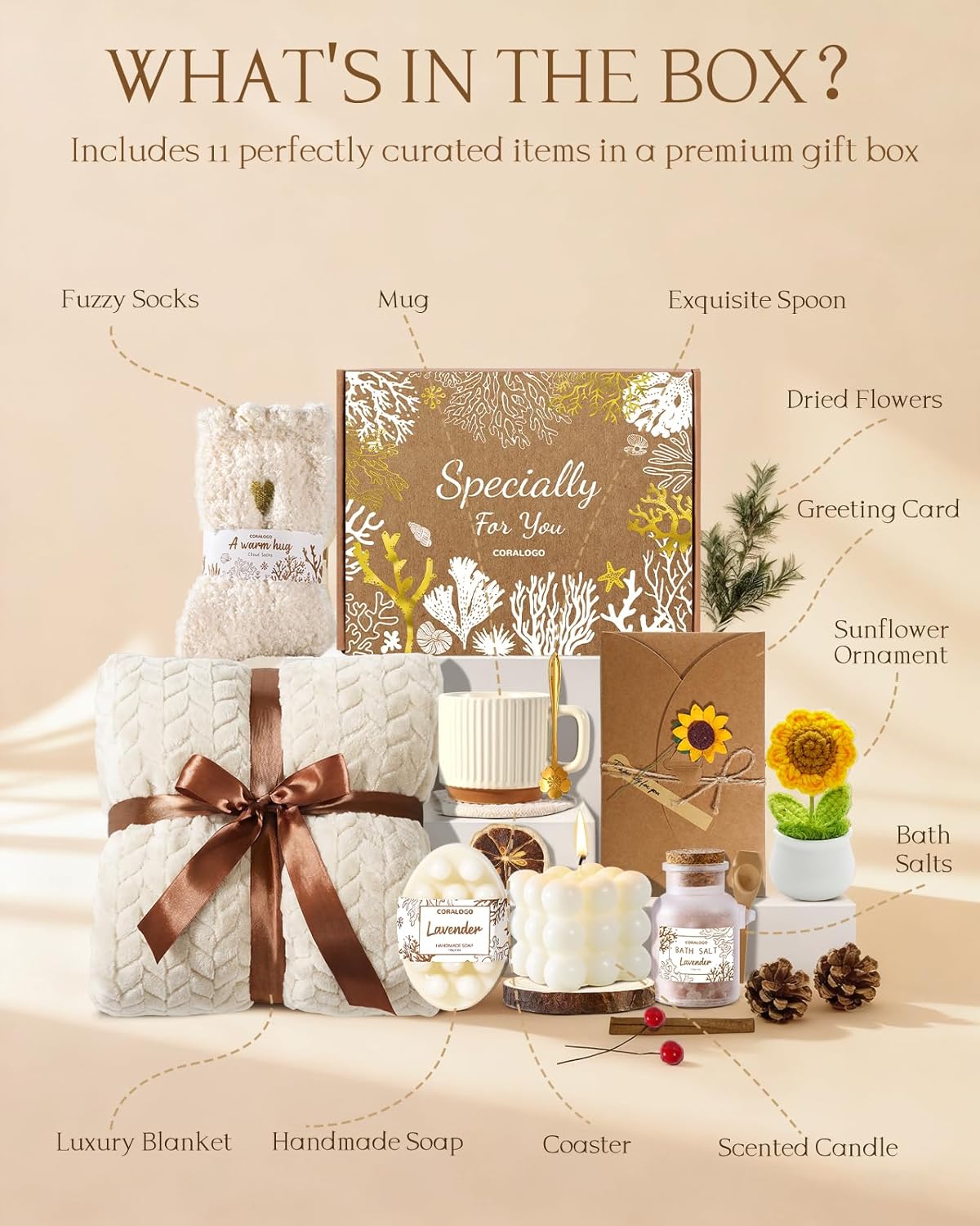 11pcs Spa Gift Baskets for Women, Sunflower Self Care Set, Brown | Self Care, Get Well Soon, Thinking of You, Sympathy, Birthday, Christmas, Mother's Day, Best friend