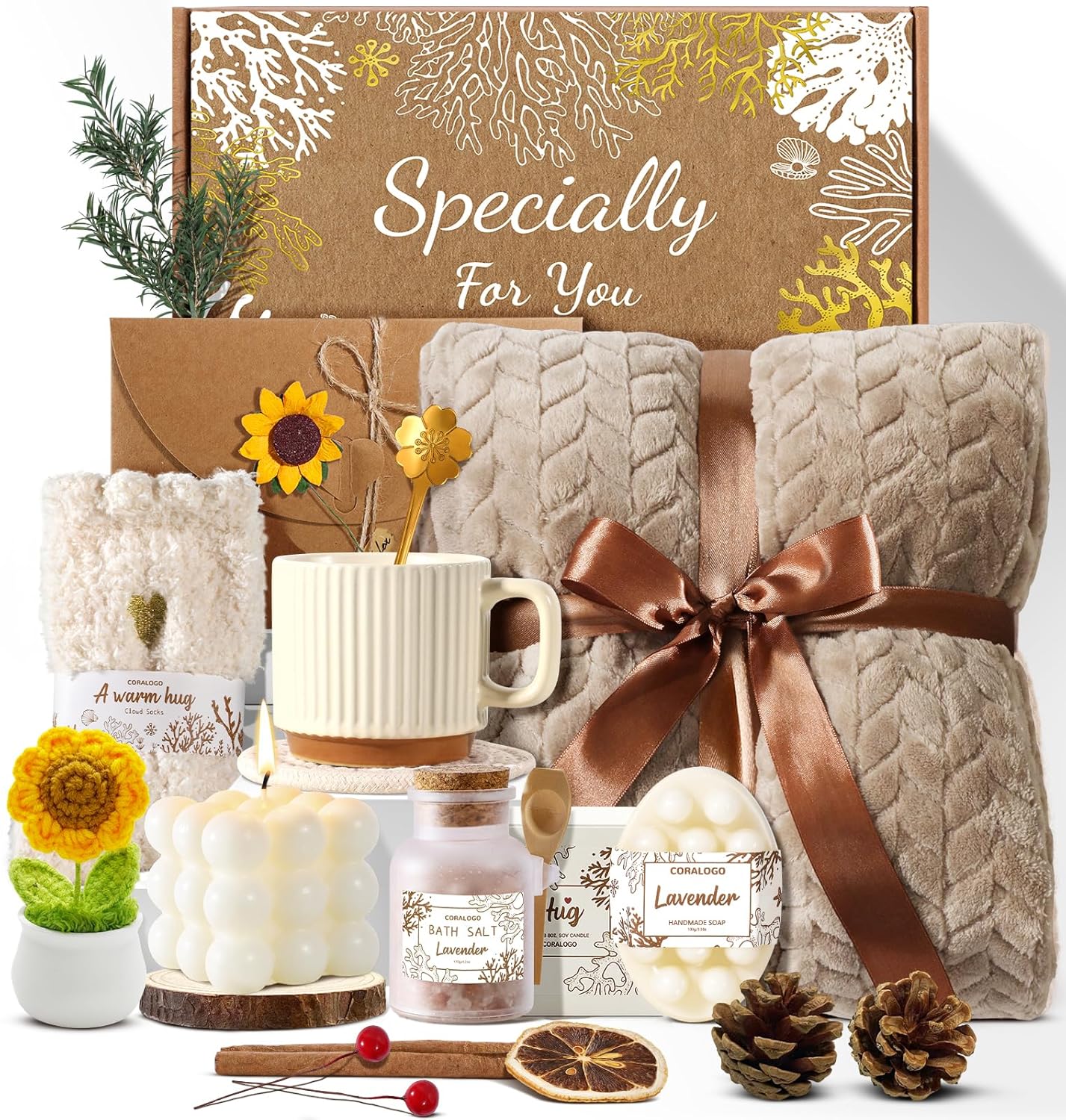 11pcs Spa Gift Baskets for Women, Sunflower Self Care Set, Brown | Self Care, Get Well Soon, Thinking of You, Sympathy, Birthday, Christmas, Mother's Day, Best friend