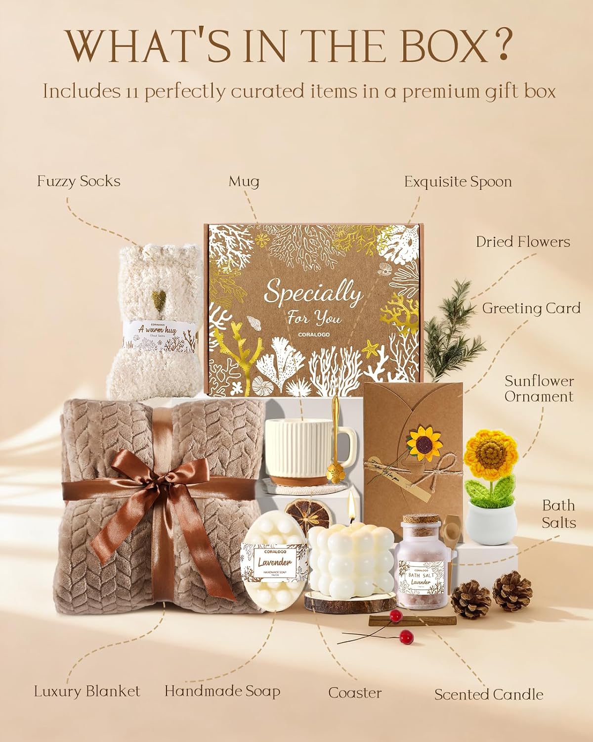 11pcs Spa Gift Baskets for Women, Sunflower Self Care Set, Brown | Self Care, Get Well Soon, Thinking of You, Sympathy, Birthday, Christmas, Mother's Day, Best friend