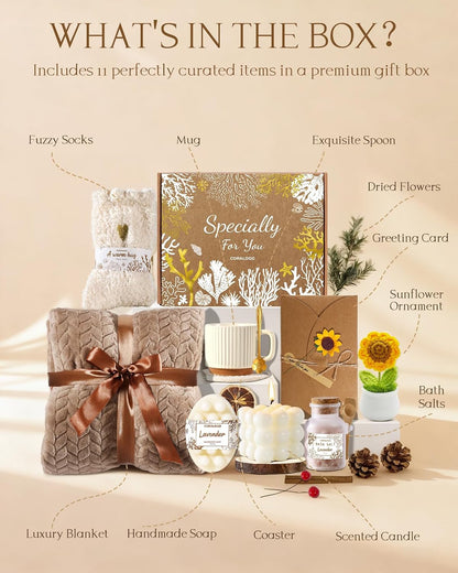 11pcs Spa Gift Baskets for Women, Sunflower Self Care Set, Brown | Self Care, Get Well Soon, Thinking of You, Sympathy, Birthday, Christmas, Mother's Day, Best friend