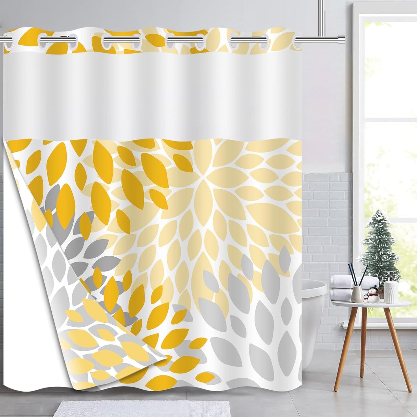 No Hook Shower Curtain,Deluxe Yellow Dahlia Floral Shower Curtains for Bathroom,Hotel Style Aesthetic Decor,Gray Petal Pattern,Stylish Floral,with White Removable Liner,71x74 inches