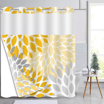 No Hook Shower Curtain,Deluxe Yellow Dahlia Floral Shower Curtains for Bathroom,Hotel Style Aesthetic Decor,Gray Petal Pattern,Stylish Floral,with White Removable Liner,71x74 inches