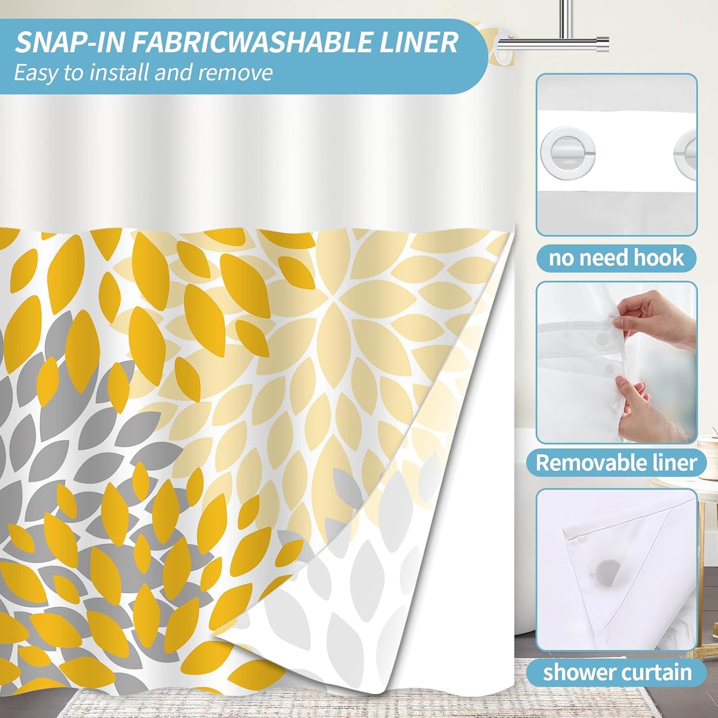 No Hook Shower Curtain,Deluxe Yellow Dahlia Floral Shower Curtains for Bathroom,Hotel Style Aesthetic Decor,Gray Petal Pattern,Stylish Floral,with White Removable Liner,71x74 inches