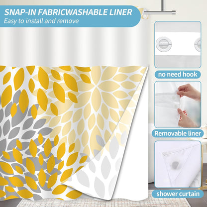 No Hook Shower Curtain,Deluxe Yellow Dahlia Floral Shower Curtains for Bathroom,Hotel Style Aesthetic Decor,Gray Petal Pattern,Stylish Floral,with White Removable Liner,71x74 inches