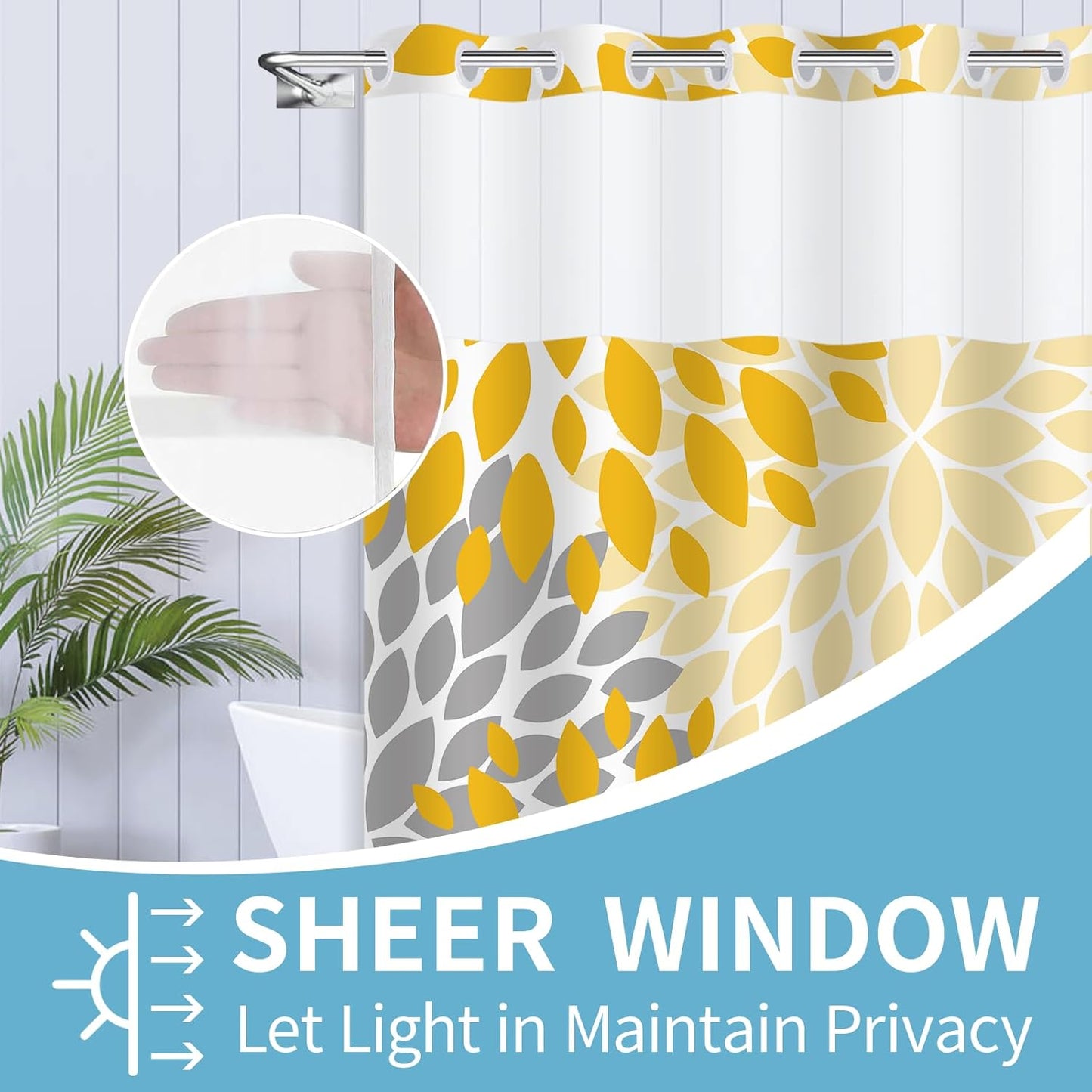No Hook Shower Curtain,Deluxe Yellow Dahlia Floral Shower Curtains for Bathroom,Hotel Style Aesthetic Decor,Gray Petal Pattern,Stylish Floral,with White Removable Liner,71x74 inches