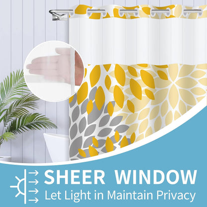 No Hook Shower Curtain,Deluxe Yellow Dahlia Floral Shower Curtains for Bathroom,Hotel Style Aesthetic Decor,Gray Petal Pattern,Stylish Floral,with White Removable Liner,71x74 inches