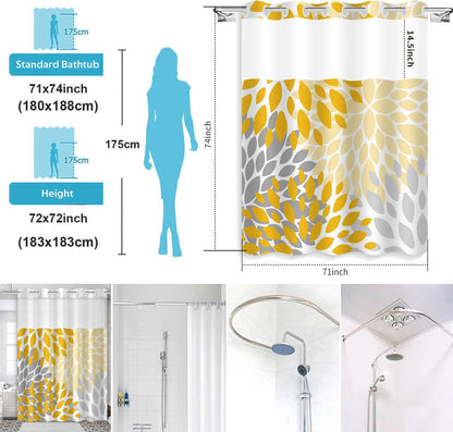 No Hook Shower Curtain,Deluxe Yellow Dahlia Floral Shower Curtains for Bathroom,Hotel Style Aesthetic Decor,Gray Petal Pattern,Stylish Floral,with White Removable Liner,71x74 inches