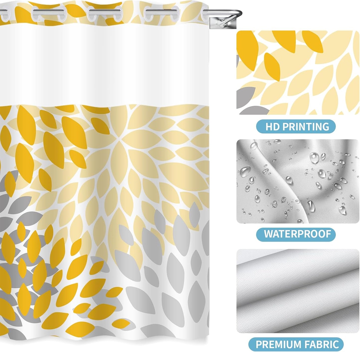 No Hook Shower Curtain,Deluxe Yellow Dahlia Floral Shower Curtains for Bathroom,Hotel Style Aesthetic Decor,Gray Petal Pattern,Stylish Floral,with White Removable Liner,71x74 inches