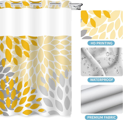 No Hook Shower Curtain,Deluxe Yellow Dahlia Floral Shower Curtains for Bathroom,Hotel Style Aesthetic Decor,Gray Petal Pattern,Stylish Floral,with White Removable Liner,71x74 inches