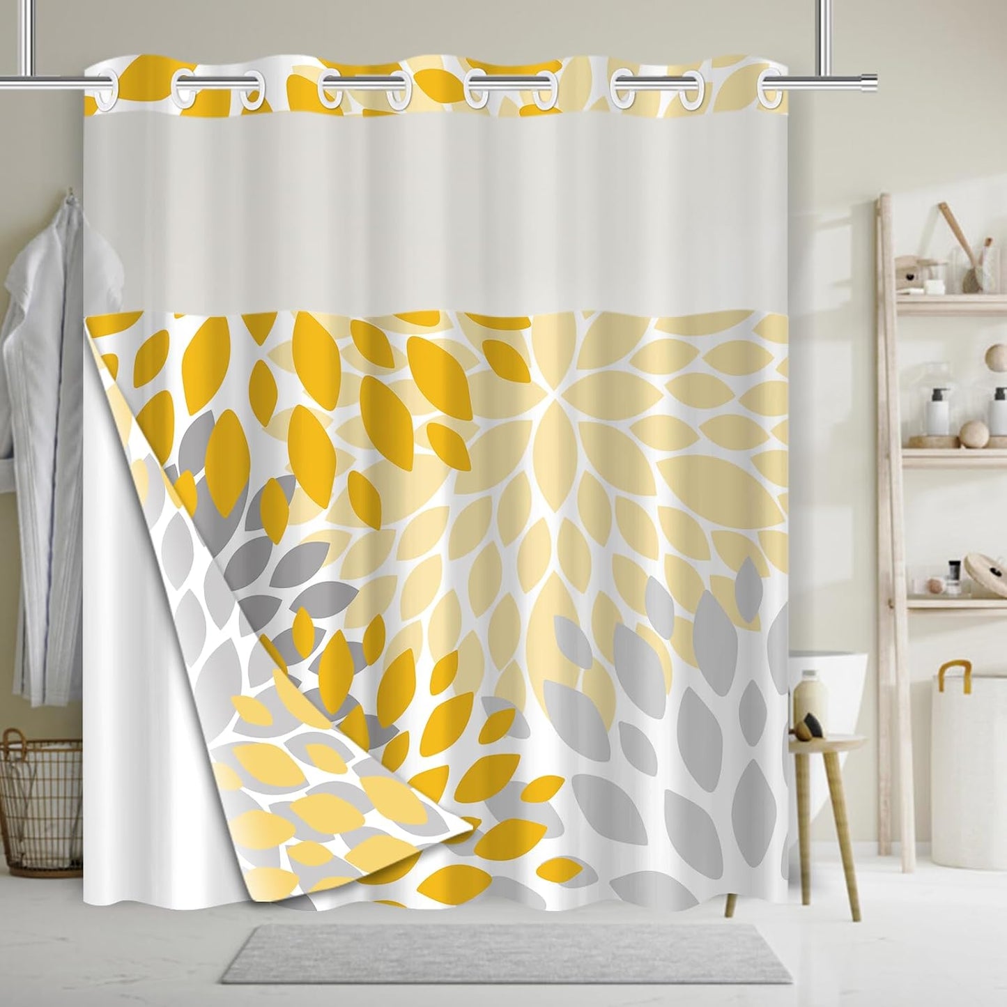 No Hook Shower Curtain,Deluxe Yellow Dahlia Floral Shower Curtains for Bathroom,Hotel Style Aesthetic Decor,Gray Petal Pattern,Stylish Floral,with White Removable Liner,71x74 inches